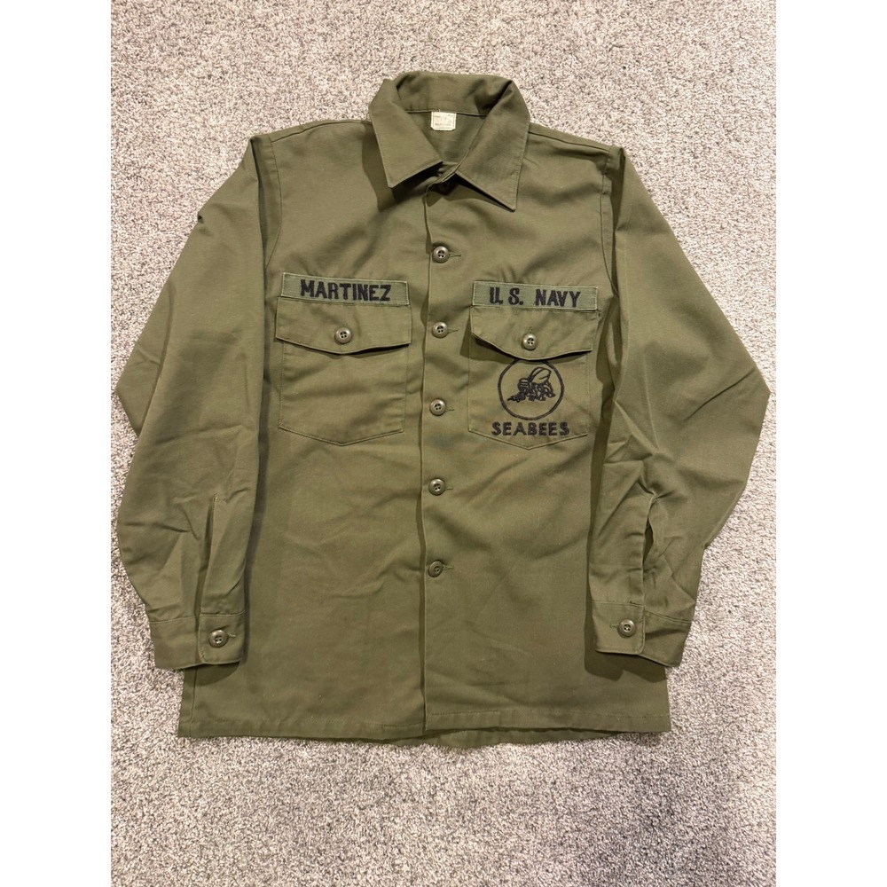 Vintage US Navy SEABEES OG‎ 507 Utility Shirt Olive Green Vietnam 15.5x33